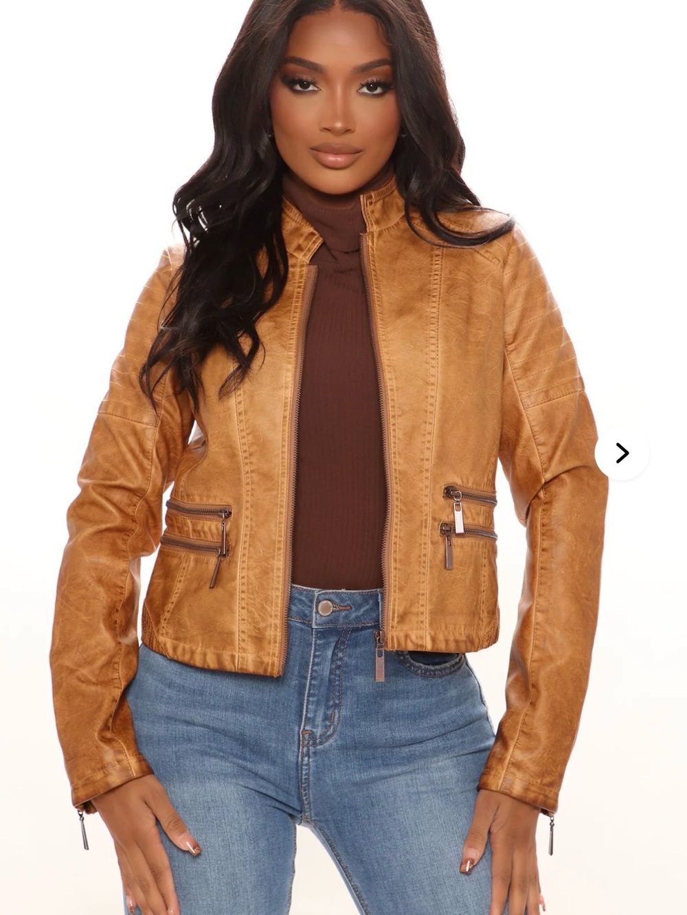 Cognac Faux Leather Moto Jacket - Women
